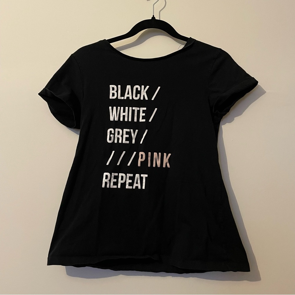 Black Graphic Tee with White and Pink Accents